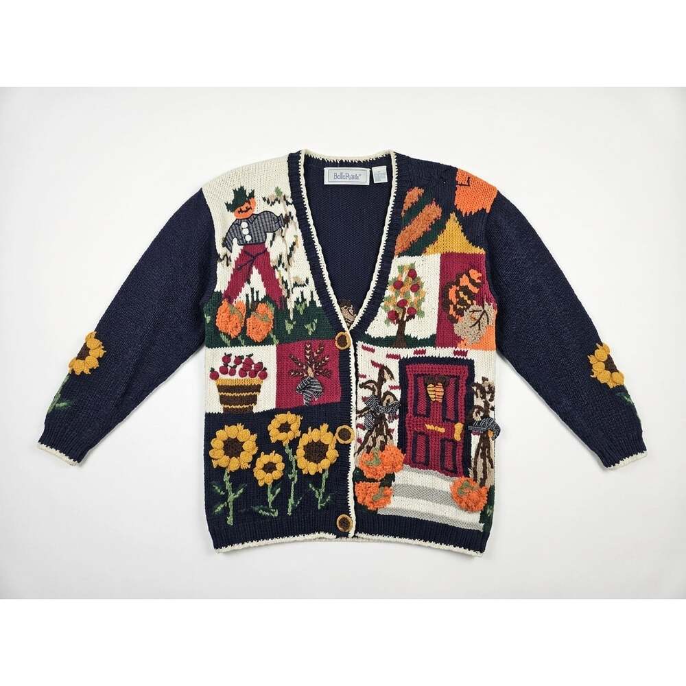 Vintage 90s Belle Pointe M Autumn Sweater Cardigan Pumpkin Fall Sunflower Kitsch